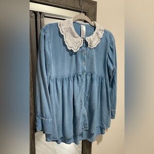 Blue Button-Up blouse with White Lace Collar